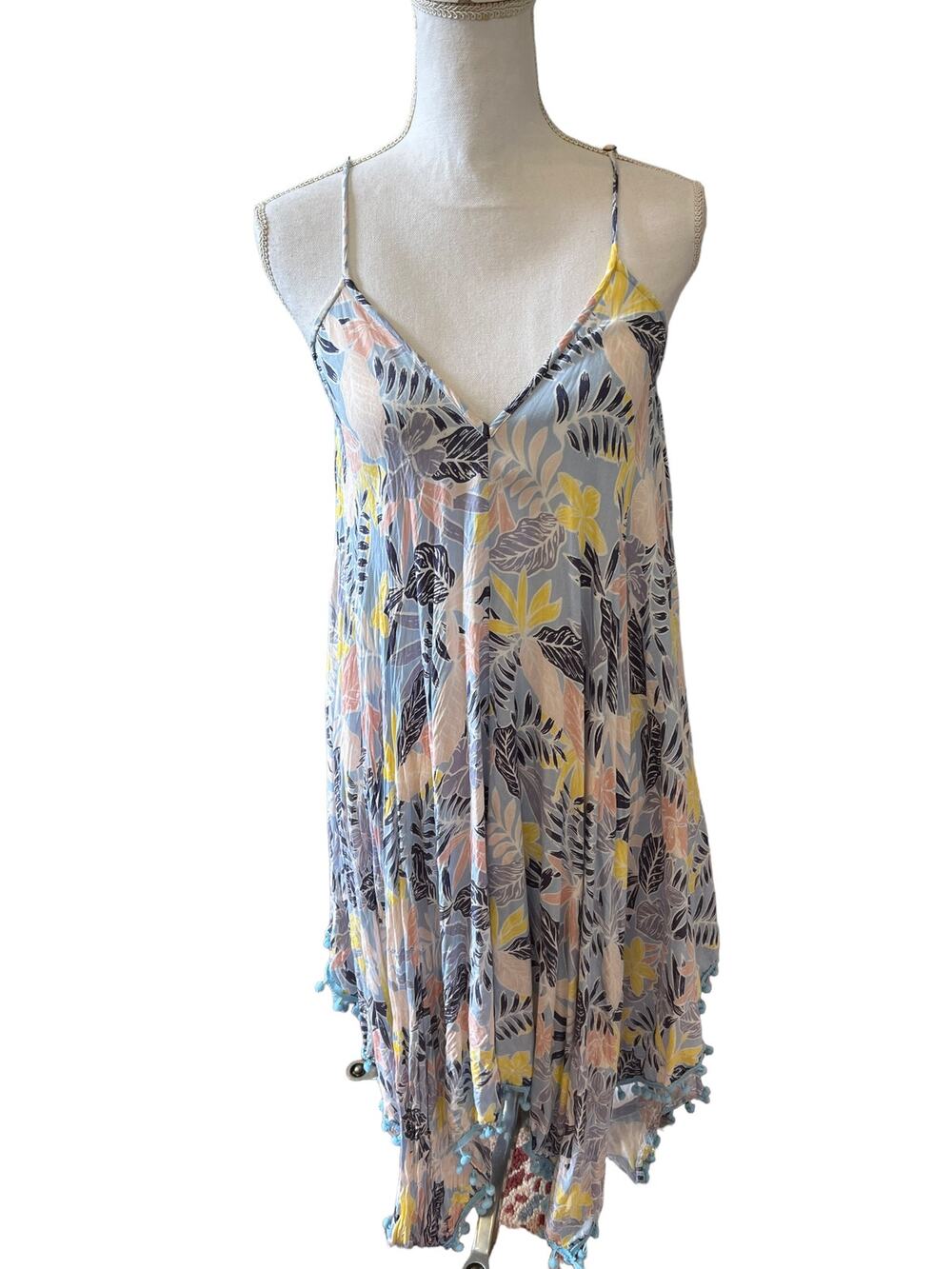 Japna Trapeze Cover Up Resort Dress Blue Palm Print  M